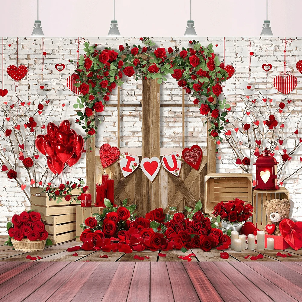 1pc Romantic Valentine's Day Background Cloth Banner, Designed With Brick Wall Rose Arch, Balloons, Teddy Bears, Creating A Romantic And Warm Atmosphere, Suitable For Holiday Decoration - Valentine's Day, Photography Background Props, Courtyard, Garden Decoration, Anniversary Decoration - Multicolor - View 1