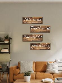 四件套木制乡村艺术家居墙饰，幸福家庭祝福语墙饰，客厅卧室农舍壁画，主题节日派对乔迁新居装饰礼品 - 彩色 - 查看 6