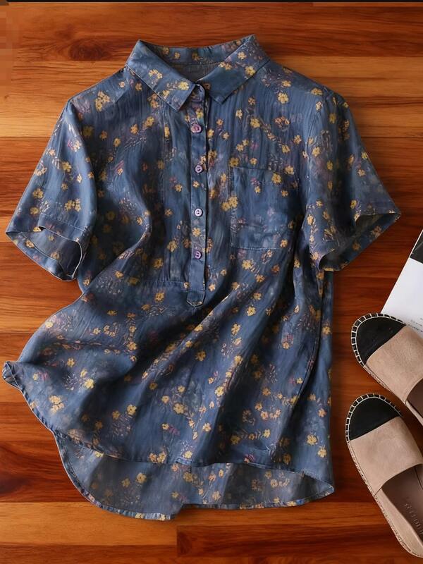 Blusa de lino con cuello Mao de manga corta con estampado floral menudo para mujer talla grande, Falda de lino de verano para mujer, Old Money, Falda bohemia