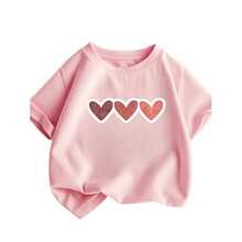 Girls' Off-Shoulder Short-Sleeve T-Shirt With 3 Hearts Side-By-Side Print, 100% Premium Cotton. - Rosa - View 2
