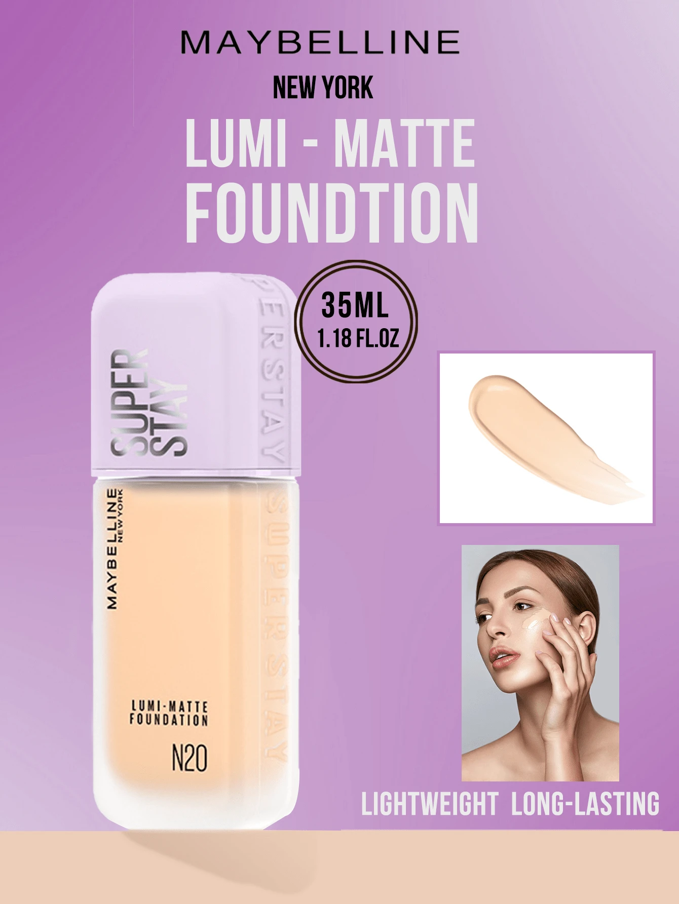 Maybelline LUMI-MATTE 粉底液 #N20 自然米色 35ml/10ml，比普通粉底液轻盈 54%，轻盈持久配方，革命性的 3D 成膜技术打造轻盈网状妆效（防水防汗），呈现自然无面具感的珠光透明光泽和蓝调光彩，卸妆后滋养肌肤，有效遮盖瑕疵，适合中性至白皙肤色，轻松三步打造全天候无瑕妆容，日常妆容的理想之选，亲肤配方。