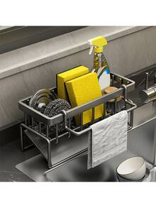 The "Drain Rack Disappears" Trick: Your Countertop Will Be Free Of Water Stains! This 1-Piece Stainless Steel Kitchen Sponge Rack/Soap Holder Is An Efficient Drainer And Sink Organizer With A Separate Towel Bar. It's Mold- And Rust-Resistant, Features A Slanted Design To Prevent Water Accumulation, And Is Sturdy, Durable, And Long-Lasting. It's The Perfect Kitchen Accessory For Storing Sponges, Soap, Brushes, And Towels. - 黑色 - 查看 4