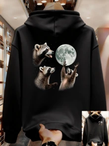 Sudadera con capucha sin cordón impresa en blanco y gris, versátil y de moda para hombres, top para parejas de estudiantes, sudaderas para hombres - Negro - Ver 8
