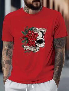Skull With Red Roses And Ribbons Symbolizing The Emotional Duality In Contrast Between Life And Death. Men's T-Shirt, 100% Cotton - 紅色 - 查看 6