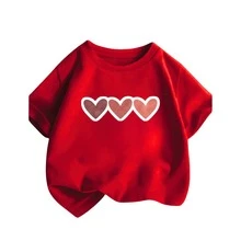 Girls' Off-Shoulder Short-Sleeve T-Shirt With 3 Hearts Side-By-Side Print, 100% Premium Cotton. - 紅色 - 查看 2
