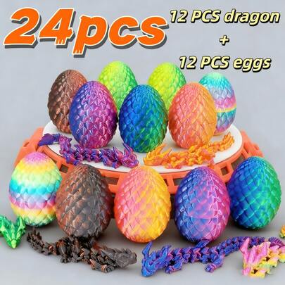 2/6/24pcs (1/3/12 Sets) 3D Printed Dragon Egg Decor Set (Includes 12 Dragons And 12 Dragon Eggs), Dragon Height 5.12 Inches, Dragon Egg Height 2.95 Inches, Home Decor, Holiday Celebration Party, Suitable For Office, Living Room And Other Spaces