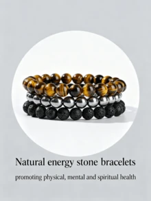 1 Bộ 3 Vòng tay hạt đá tự nhiên 8mm - Thạch anh hồng/Mắt hổ vàng/Đá Obsidian đen và các loại luân xa khác giúp cân bằng, làm dịu tâm trạng, Trang sức thủ công có thể xếp chồng lên nhau dành cho phụ nữ - Nhiều màu - Xem 3