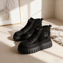 Autumn And Winter Fashion Casual Lamb Wool Lined High-Top Shoes, Faux Leather Patchwork Color-Block Metal Decor Lace-Up Platform Wedge Women's Shoes, Warm And Comfortable - màu đen - Xem 5
