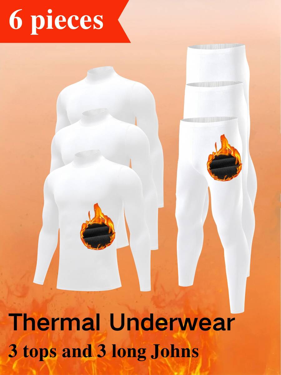 6 Pieces Thermals For Men Thermal Underwear Set With Autumn And Winter Velvet Thermal Underwear Set, Men's  High Neck Long Sleeve Home Sleepwear Base Shirt And Long Johns, Winter Outdoor Sports Skiing Hunting Equipment Thermal Base Set, Cold Weather Thermal Clothing - 白色 - 查看 1