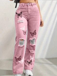 Tween Girl Butterfly Print Distressed Straight Leg Casual Jeans - Pink - View 1