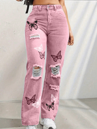 Jeans casuales rectos con estampado de mariposa y efecto desgastado para niña preadolescente