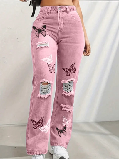 Tween Girl Butterfly Print Distressed Straight Leg Casual Jeans