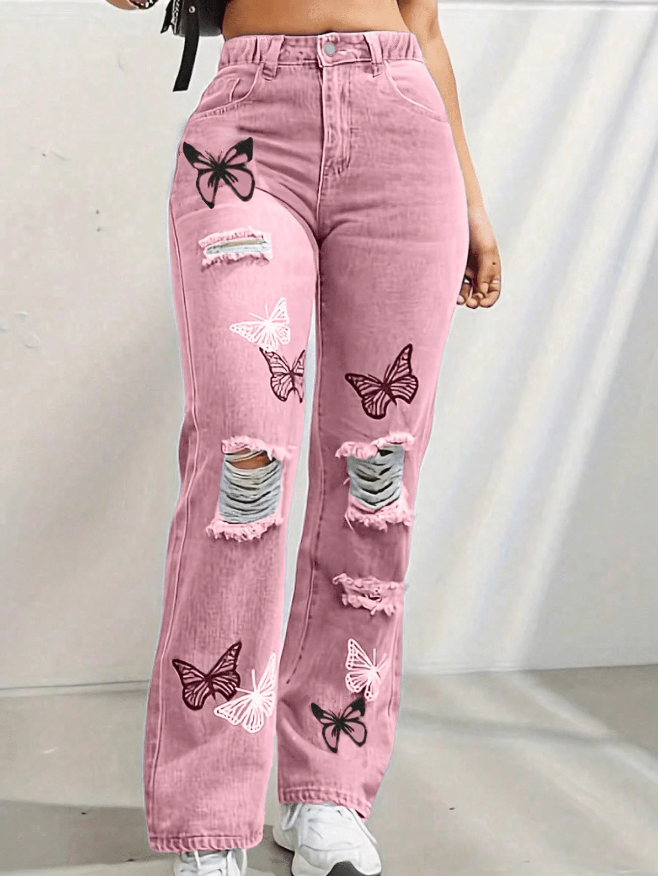 Tween Girl Butterfly Print Distressed Straight Leg Casual Jeans - Pink - View 1