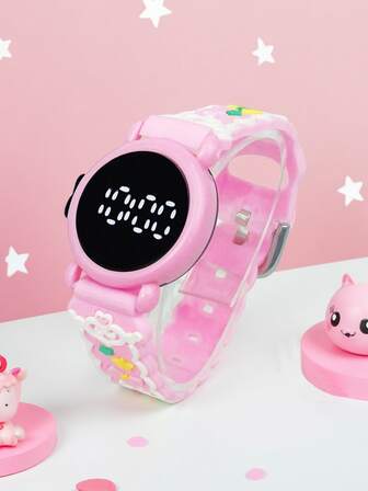 1 st söt rosa elektronisk klocka, TPU-armband, batteridriven, lämplig som present till tjejer, födelsedagspresent