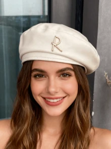 Women Beret Hat, Elegant PU Leather Alphabet Soft Warm Painters Cap Artist Hat For Fall Winter