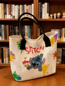 Túi vải tote  Stitch, họa tiết sơn nhiều màu, chữ "STITCH" in đậm, đế màu be + dây đeo vai rộng màu đen, dung tích lớn, nhẹ, dễ mang theo, dành cho bé gái tuổi teen/phụ nữ trẻ/người hâm mộ , sử dụng hàng ngày/đi học/mua sắm/đi làm, quà tặng lý tưởng cho sinh nhật/ngày lễ dành cho những người đam mê Stitch - Graffiti Stitch - Xem 9
