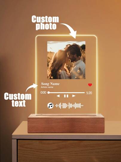 1pc Custom Music LED Night Light, Custom LED Music Plaque, Personalized Led Lamp With Picture And Wooden Base, Personalized Song Acrylic Plaque, Custom Picture Song Lamp, Music Photo Plaque Gift, Light Up Music Plaque, Valentines Gift, Couple Gift, First Wedding Anniversary Gift, Housewarming Gifts, Gift For Boyfriend/ Her/ Wife/ Husband Christmas Gift