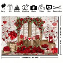 1pc Romantic Valentine's Day Background Cloth Banner, Designed With Brick Wall Rose Arch, Balloons, Teddy Bears, Creating A Romantic And Warm Atmosphere, Suitable For Holiday Decoration - Valentine's Day, Photography Background Props, Courtyard, Garden Decoration, Anniversary Decoration - Multicolor - View 5