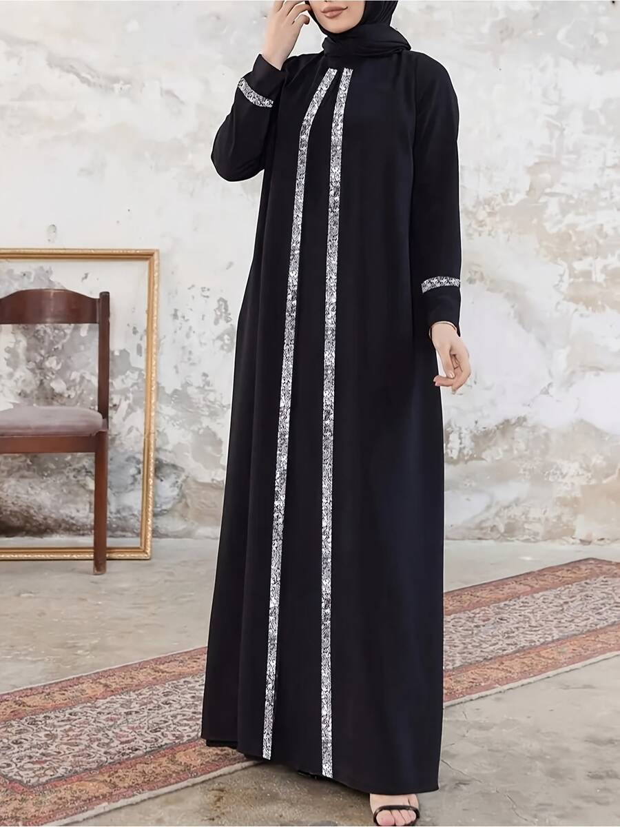 Elegant Women's Black One-Piece Dress - Long Sleeves, Sequin Details, Middle Eastern Style - Perfect For Ramadan And Islamic Prayer - Machine Washable, Long Robe - Black - View 1