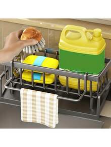 The "Drain Rack Disappears" Trick: Your Countertop Will Be Free Of Water Stains! This 1-Piece Stainless Steel Kitchen Sponge Rack/Soap Holder Is An Efficient Drainer And Sink Organizer With A Separate Towel Bar. It's Mold- And Rust-Resistant, Features A Slanted Design To Prevent Water Accumulation, And Is Sturdy, Durable, And Long-Lasting. It's The Perfect Kitchen Accessory For Storing Sponges, Soap, Brushes, And Towels. - 黑色 - 查看 7