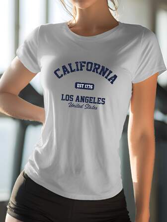 Women T-Shirt Women's Short Sleeved Solid Color Casual T-Shirt With Round Neck T-Shirt LA LOS ANGELES USA Art Print Active Running Round Neck T-Shirt Training Exercise Gym Sports Top Lightweight Boyfriend Style Casual Wear