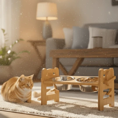 1 st justerbart, upphöjt hundskålsställ i bambu med 2 skålar i rostfritt stål - halkfria fötter, lämplig för katter och små hundar, med lutningsjustering 15°, reptålig design, robust bambumaterial, perfekt för hemmet eller på resor