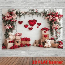 2D平面浪漫情人节装饰：泰迪熊、玫瑰和心形花束，优雅涤纶底布，适用于家庭聚会活动装饰、现代家居装饰、摄影背景、横幅摄影，无需用电 - 彩色 - 查看 13