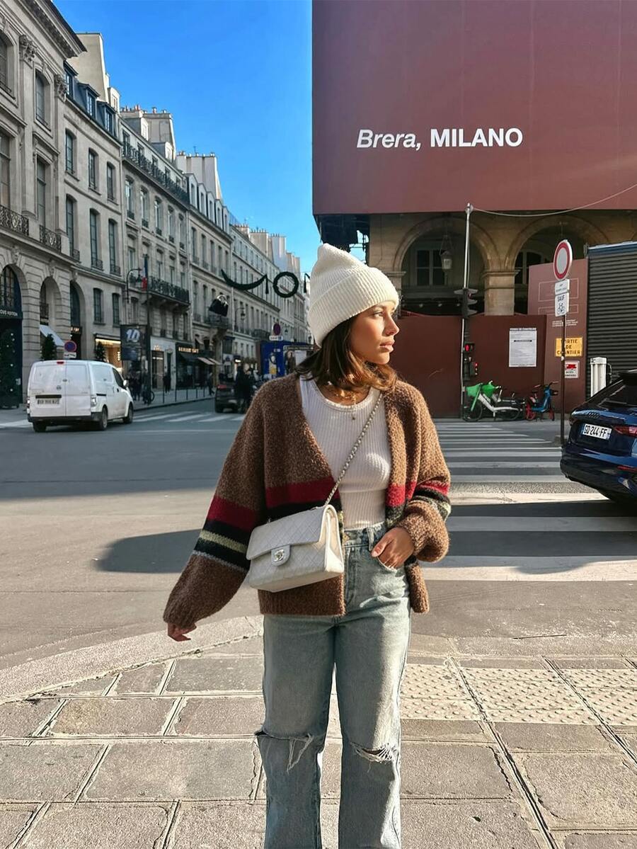 HoloChill 女士撞色V领长袖休闲开衫，夏季休闲新品 - 棕色 - 查看 1