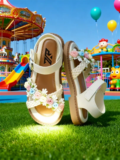 2025年女童夏季花卉编织装饰仿皮防滑露趾平底凉鞋，甜美公主风凉鞋，适合游乐园穿着，可爱儿童凉鞋