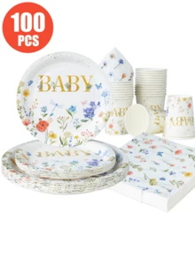 25 Stücke Blumen Schmetterling Einweg-Geschirr Set - beinhaltet Teller, Servietten und Becher, geeignet für 25 Gäste, Einweg-Pappteller Party Zubehör für Geburtstag, Hochzeit, Party, Familien-Picknick