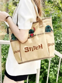 Stitch Canvas Tote Bag, Multi-Expression Stitch Print, External Pocket Design, Beige Base + Brown Accents, Durable Fabric, Spacious Capacity, Comfortable Wide Shoulder Straps, For Teen Girls/ Fans, Daily Use/School/Shopping, Cute Kawaii Aesthetic, Ideal Birthday/Holiday Gift For Stitch Lovers - Canvas Bag - Khaki - View 5