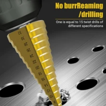 6件套钻头组，包括3种尺寸的阶梯钻头和3种尺寸的锯齿麻花钻头，适用于金属和木材钻孔