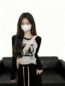 秋冬新款女式小码修身拼色圆领休闲印花T恤，简约百搭长袖上衣 - 黑灰 - 查看 3