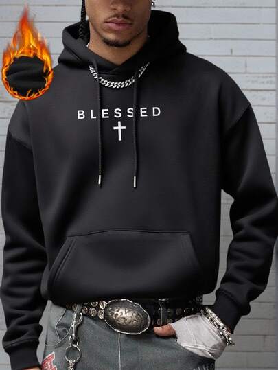 K-GLORY Men's Casual Simple "" Slogan Print Fleece Lined Hoodie, Autumn/Winter