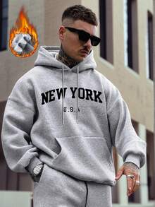 Moletom com capuz masculino Zrgoth, novo modelo com estampa inspirada no estilo urbano europeu e americano de Nova York, modelo pulôver folgado com bolso canguru, peça casual e moderna para outono/inverno. - Cinza - Ver 2