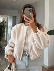 GDDYIN Women's New Solid Color Rib Knit Zipper Pocket Casual Bomber Jacket - Beige - View 7