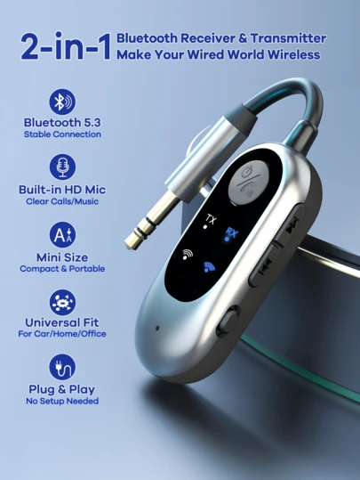 REMAX Universal Mini Bluetooth Adapter; 2-In-1 Bluetooth Receiver & Transmitter; Instantly Make Wired Devices Wireless For Car/TV/Speaker;Built-In HD Mic For Hands-Free Calls & Music & Navigation; Portable Plug & Play;Car Accessories; Car Stuff; Car Essentials;