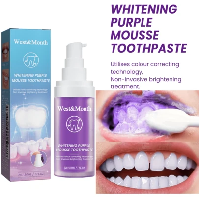 30ml Pasta de dientes de mousse morada, limpia la cavidad oral, elimina manchas, limpia el sarro y la placa, blanquea los dientes, refresca el aliento, cuidado dental diario