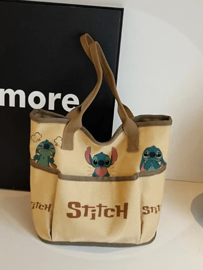 Stitch Canvas Tote Bag, Multi-Expression Stitch Print, External Pocket Design, Beige Base + Brown Accents, Durable Fabric, Spacious Capacity, Comfortable Wide Shoulder Straps, For Teen Girls/ Fans, Daily Use/School/Shopping, Cute Kawaii Aesthetic, Ideal Birthday/Holiday Gift For Stitch Lovers