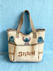 Stitch Canvas Tote Bag, Multi-Expression Stitch Print, External Pocket Design, Beige Base + Brown Accents, Durable Fabric, Spacious Capacity, Comfortable Wide Shoulder Straps, For Teen Girls/ Fans, Daily Use/School/Shopping, Cute Kawaii Aesthetic, Ideal Birthday/Holiday Gift For Stitch Lovers - Canvas Bag - Khaki - View 9