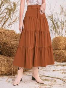 Liu Fashion Women's Casual Long Skirt With One Row Of Buttons In Solid Color, Elegant Beachwear - 咖啡棕 - 查看 2