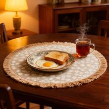 4pcs/6pcs/8pcs Natural Jute 15 Inch Jute And White Print Tassel Placemats, Rustic Round Woven Coarse Linen Tassel Table Mats, Non-Slip, Heat Resistant, Lightweight, Durable And Reusable, Multipurpose For Kitchen, Bohemian Wall Decor, Trivet, Plate Mat, Ideal For Christmas Eve, Halloween, Home Dining Room Decor, Gifts, Weddings, Parties - Multicolor - View 3