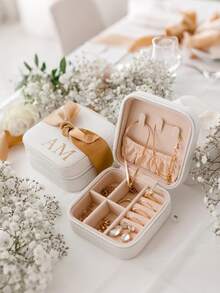 定制新娘及伴娘旅行珠宝礼盒，PU皮革珠宝展示盒，双层防水珠宝收纳盒，伴娘邀请礼物，单身派对礼物，个性化伴娘礼物，优雅珠宝盒，可收纳耳环、戒指等，女士发饰 - 絲帶首飾盒 - 查看 8