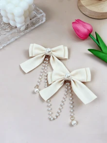 1个珍珠链蝴蝶结发夹，可爱香甜小女孩公主流苏头饰，带珍珠发夹（卡片仅供展示） - 白色 - 查看 3