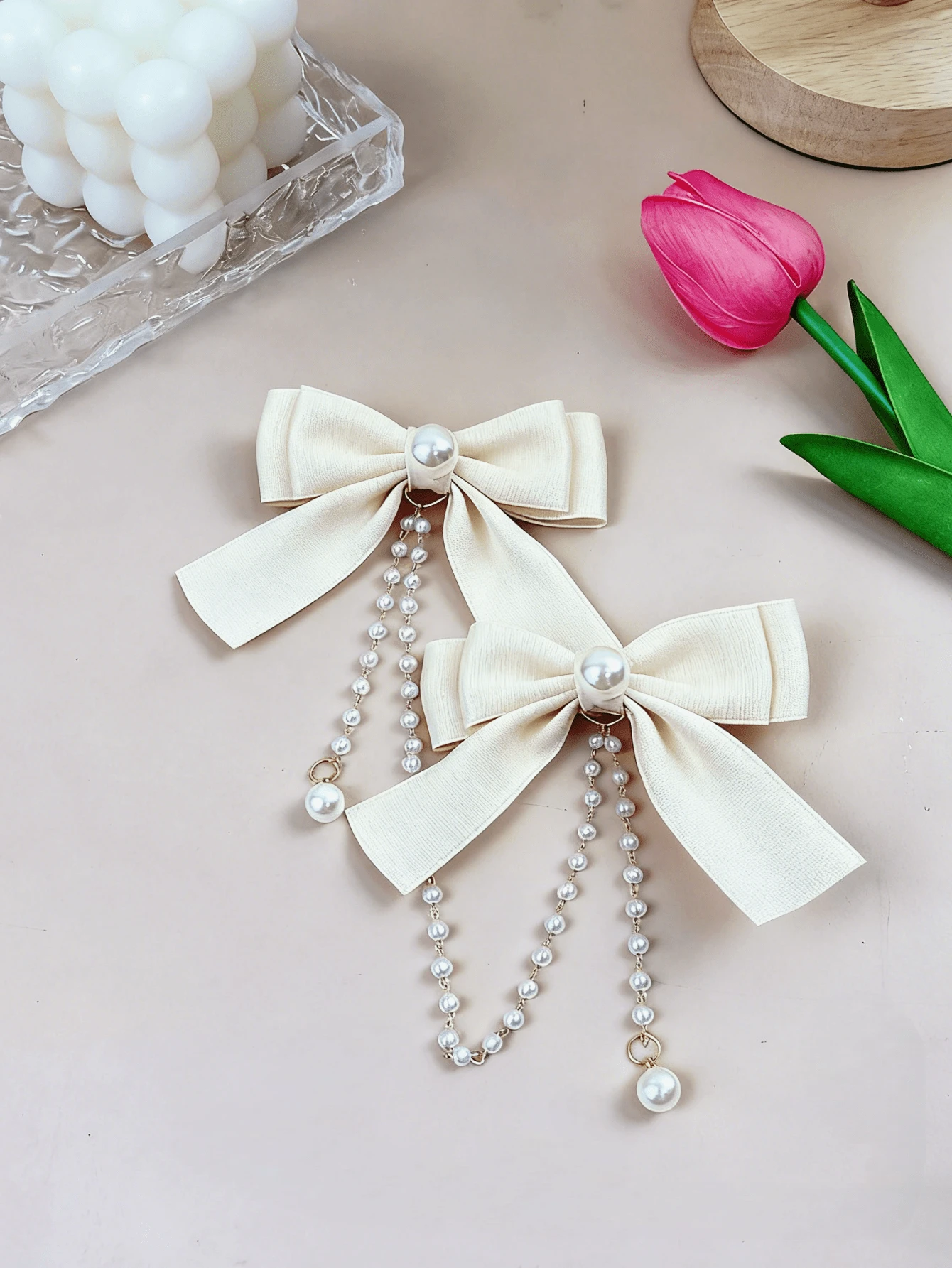 1 pieza Clip de pelo con cadena de perlas y lazo, diadema con borlas dulce y linda para niña princesa, clip de pelo con perlas (solo para exhibición)