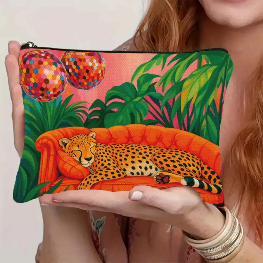 Chic Leopard Print Cosmetic Bag, Portable Zipper Storage Pouch, Pink Artistic Design, Unisex Travel Toiletry Organizer, Essential Makeup Bag