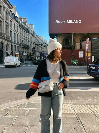 HoloChill 女款拼色V领长袖休闲开衫，2025秋冬新品，圣诞节