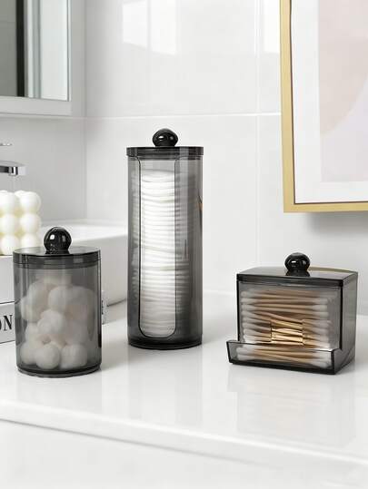 3 paquetes de dispensador de hisopos de plástico negro y transparente, contenedores de tarro de boticario, set de accesorios de baño, caja organizadora para almacenar maquillaje, palitos, bolas, almohadillas, hilo dental