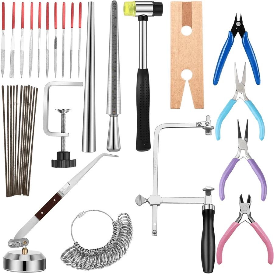 Jewelry Tool Kit, Includes Jewelry Saw Frame, 120-144pcs Saw Blades, Third Hand Tweezers, Wooden Pin Vise, Multi-Function File, Wooden Ring Clamp, Ring Sizer, Measuring Rod, Wooden Mallet And Hammer.