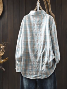 Áo sơ mi nữ dài tay kẻ caro xanh dương, cài cúc phía trước, chất liệu polyester, dáng regular fit, thích hợp mặc mùa xuân. - Màu xanh nhạt - Xem 3